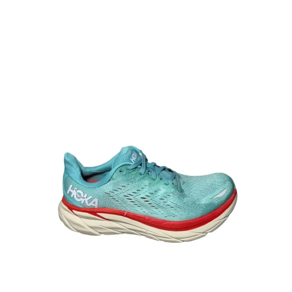 HOKA Clifton 8 wide Women's Teal Running Shoe with Red Accent size 9 D